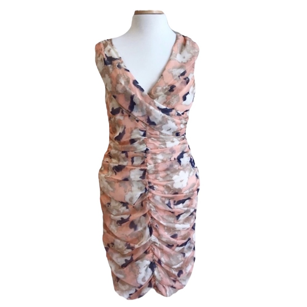McGinn Elle Peach Floral Ruched Sleeveless Mini Cocktail Chiffon Dress Sz 10 NWT